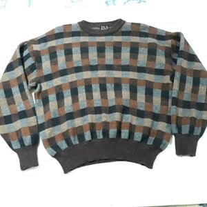 Jo's. A Bank Men's pure new wool knit Sweater plaid brown black size Large